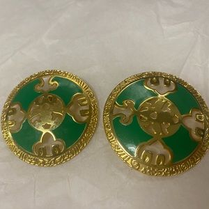 Vintage Edgar Berebi Enamel St. Patrick’s Green Gold Tone Round Asian Earrings
